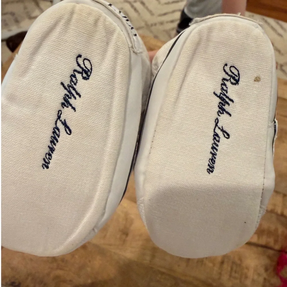 Ralph Lauren Baby Boys White Canvas Navy Pony Logo Slip On Shoes Size 3